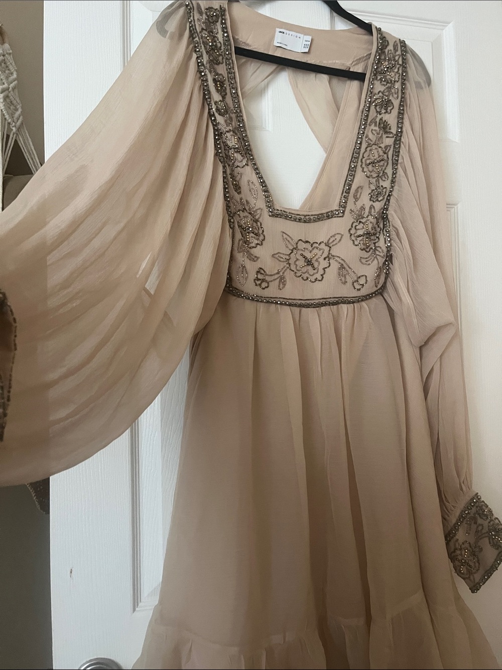 ASOS Curve Beige Embellished Long Sleeve V-Neck Dress